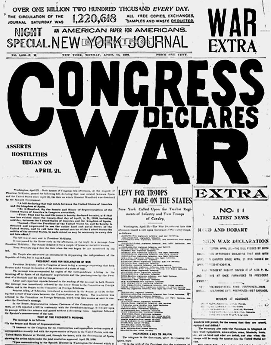 Newspaper scan with the headline CONGRESS DECLARES WAR