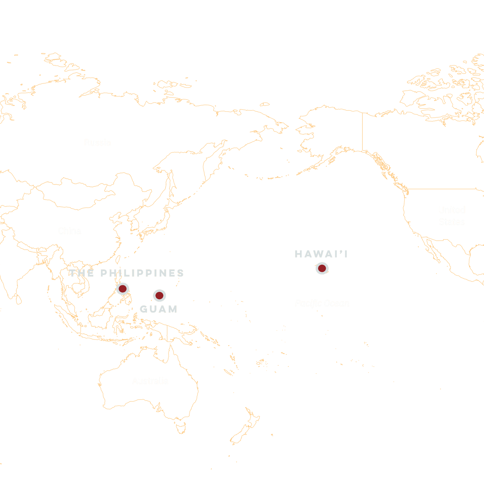 A map of the Pacific Ocean, highlighting the locations of the Philippines, Guam, and Hawai’i.