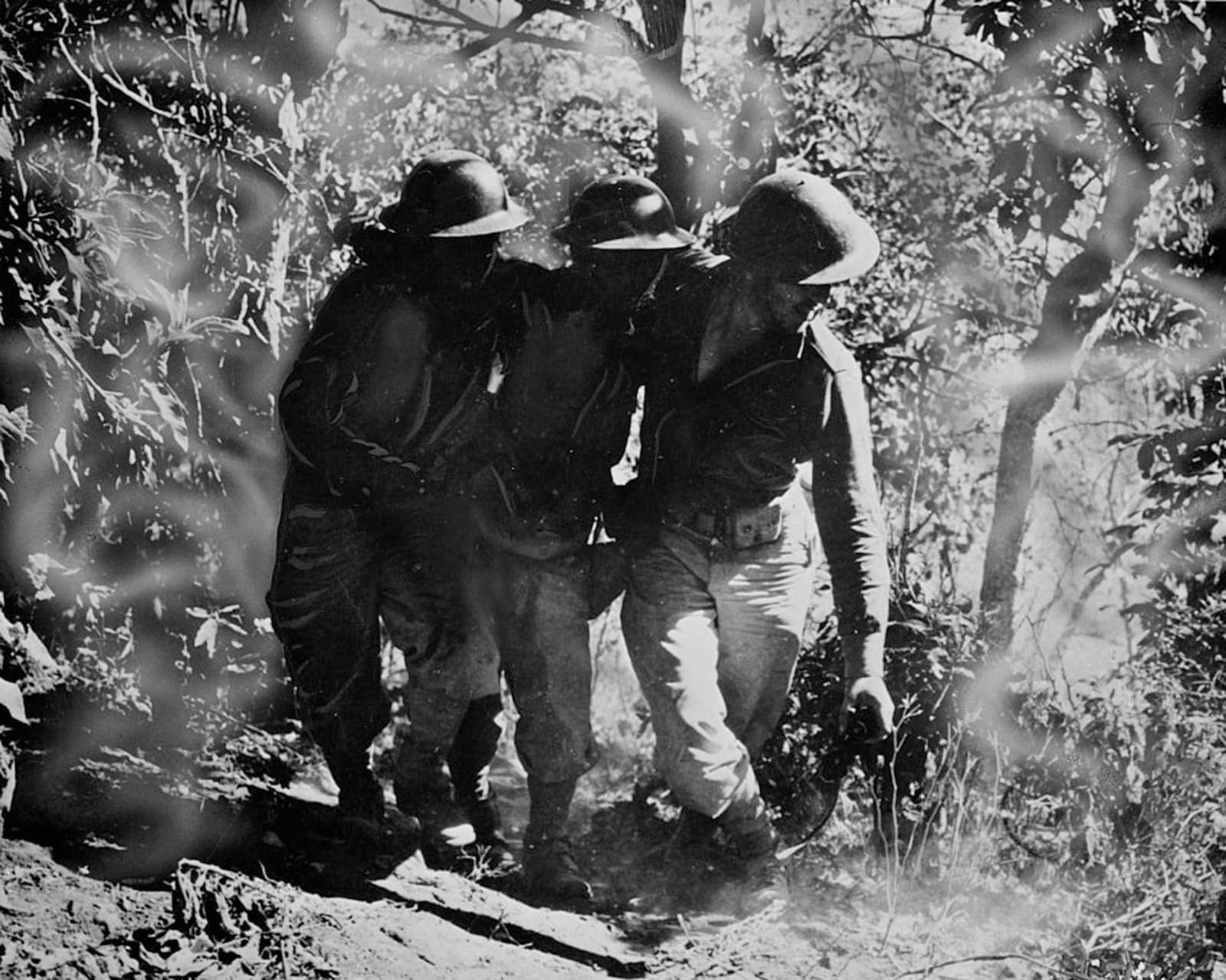 Photo of two men carrying another in between them through a jungle